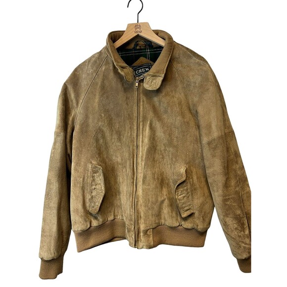 Men's Vintage Crew Tan Pig Suede Leather Plaid Lined Bomber Jacket Size 46 - Picture 4 of 16